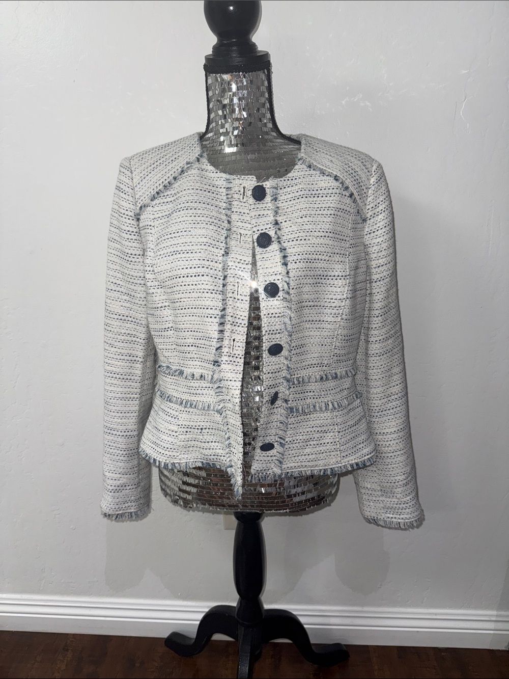 White House Black Market Cream Tweed Fringe-Trim Button Jacket